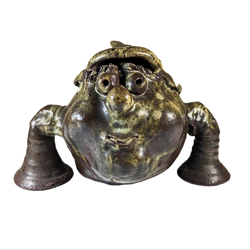 Ugly Anthropomorphic Face Frog Planter Art Pottery Signed Stoneware